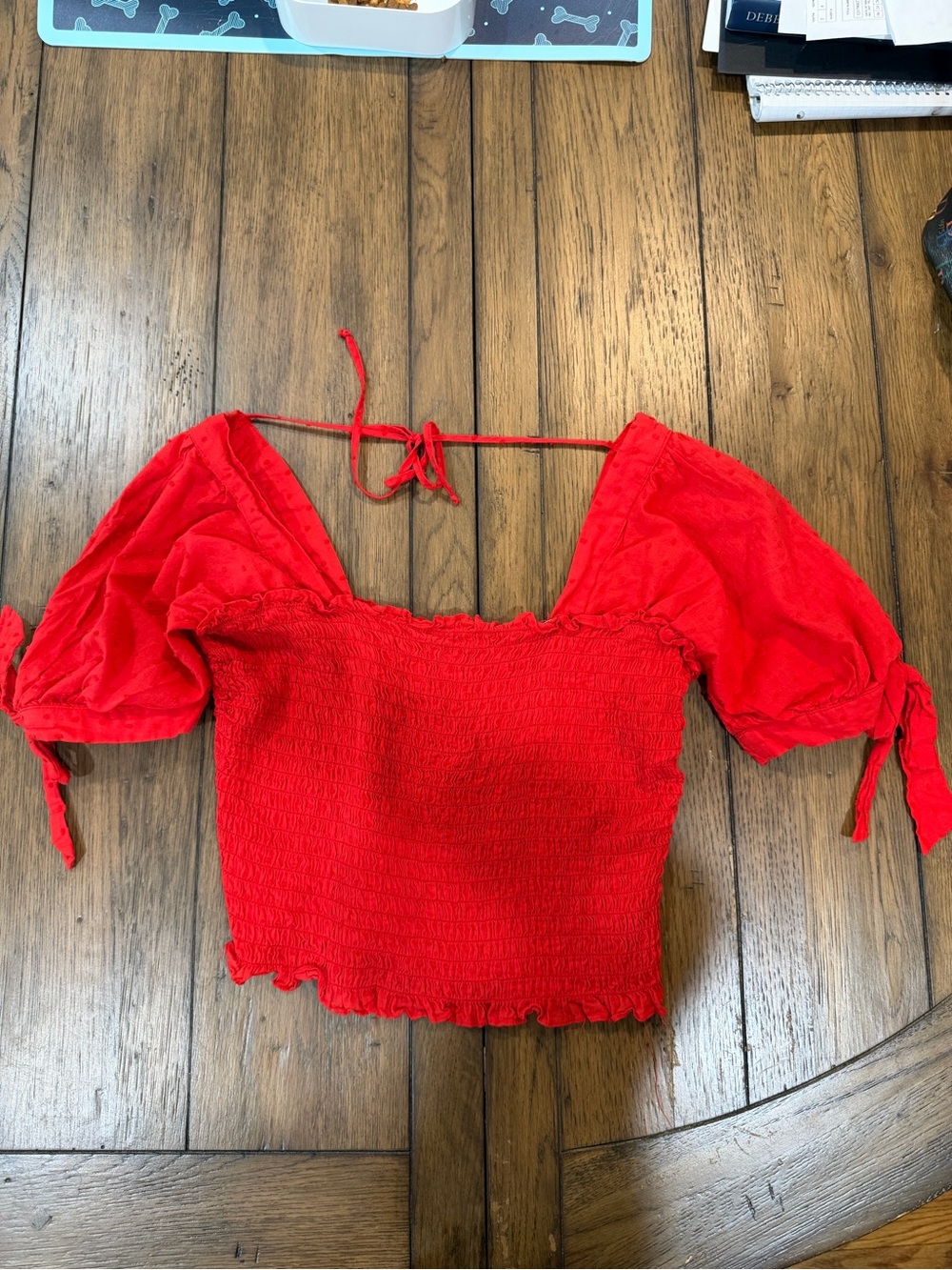 Lily Star Red Smocked Puff-Sleeve Tie-Back Crop Top 100% cotton